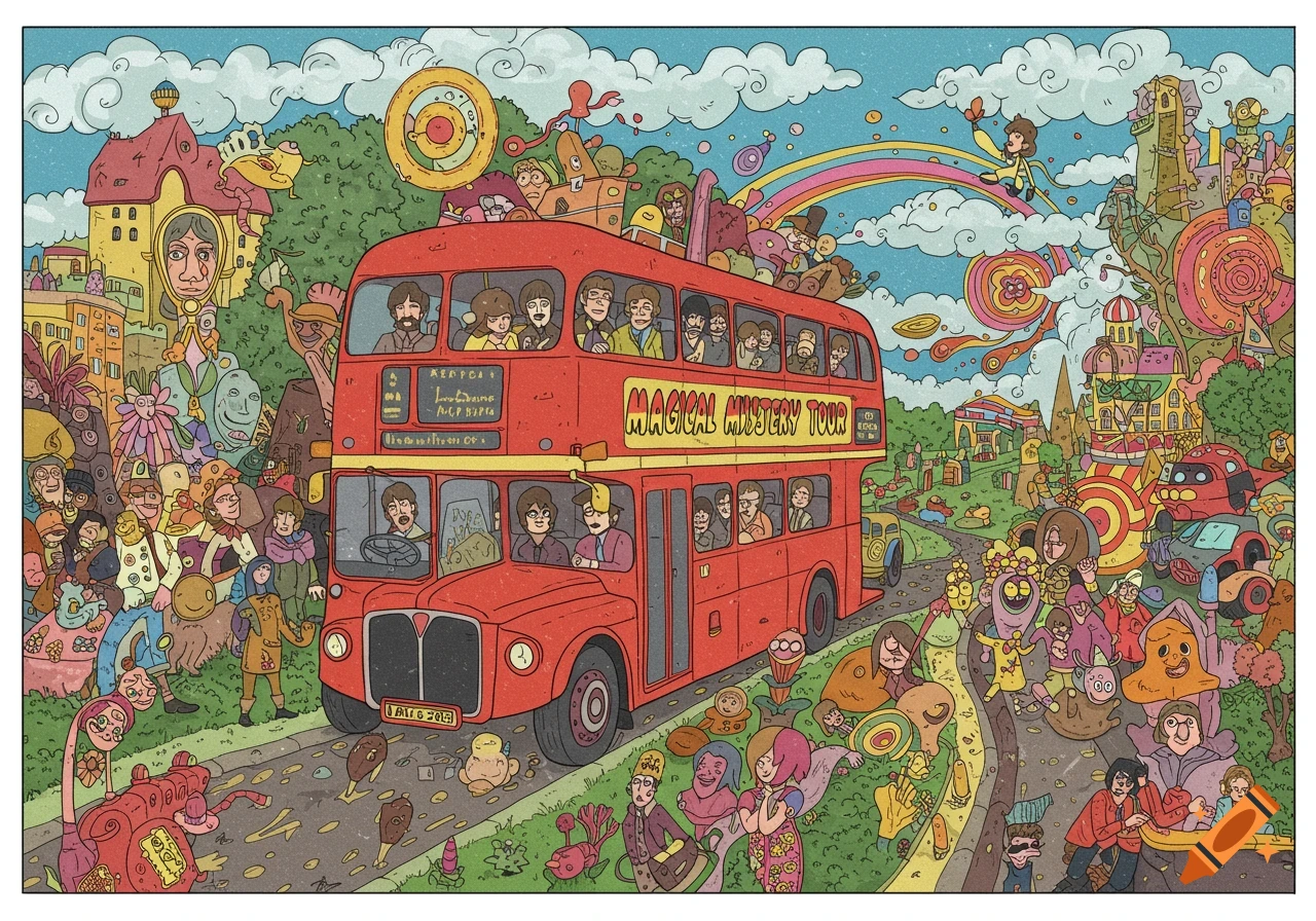 A vibrant, psychedelic illustration of a red double-decker bus, labeled 'Magical Mystery Tour', filled with passengers and surrounded by whimsical characters and a surreal landscape with a rainbow.
