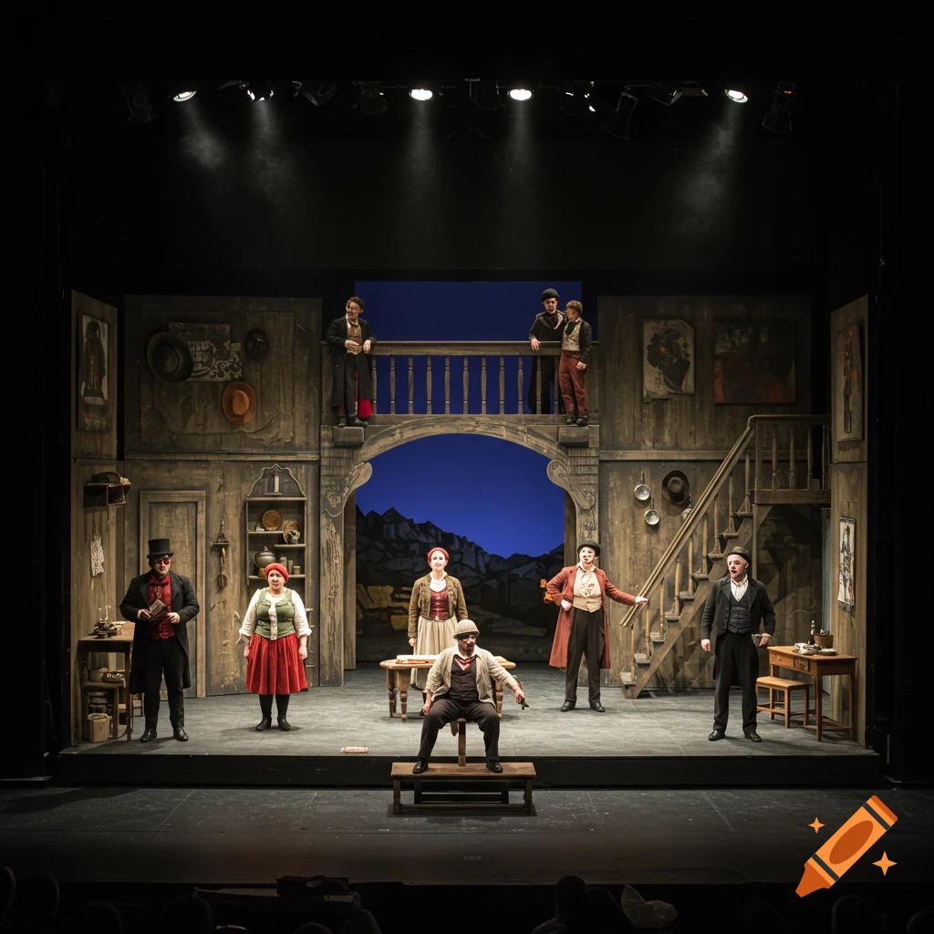 Actors in period costumes perform on a detailed, multi-level rustic stage set with a mountain backdrop, illuminated by spotlights.