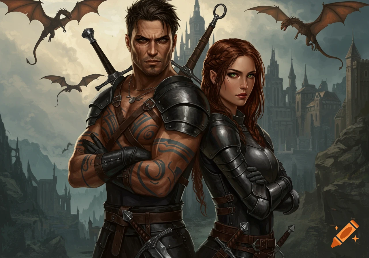 A man and woman in dark fantasy armor stand back to back with crossed arms, dragons fly above a distant castle in a digital painting.