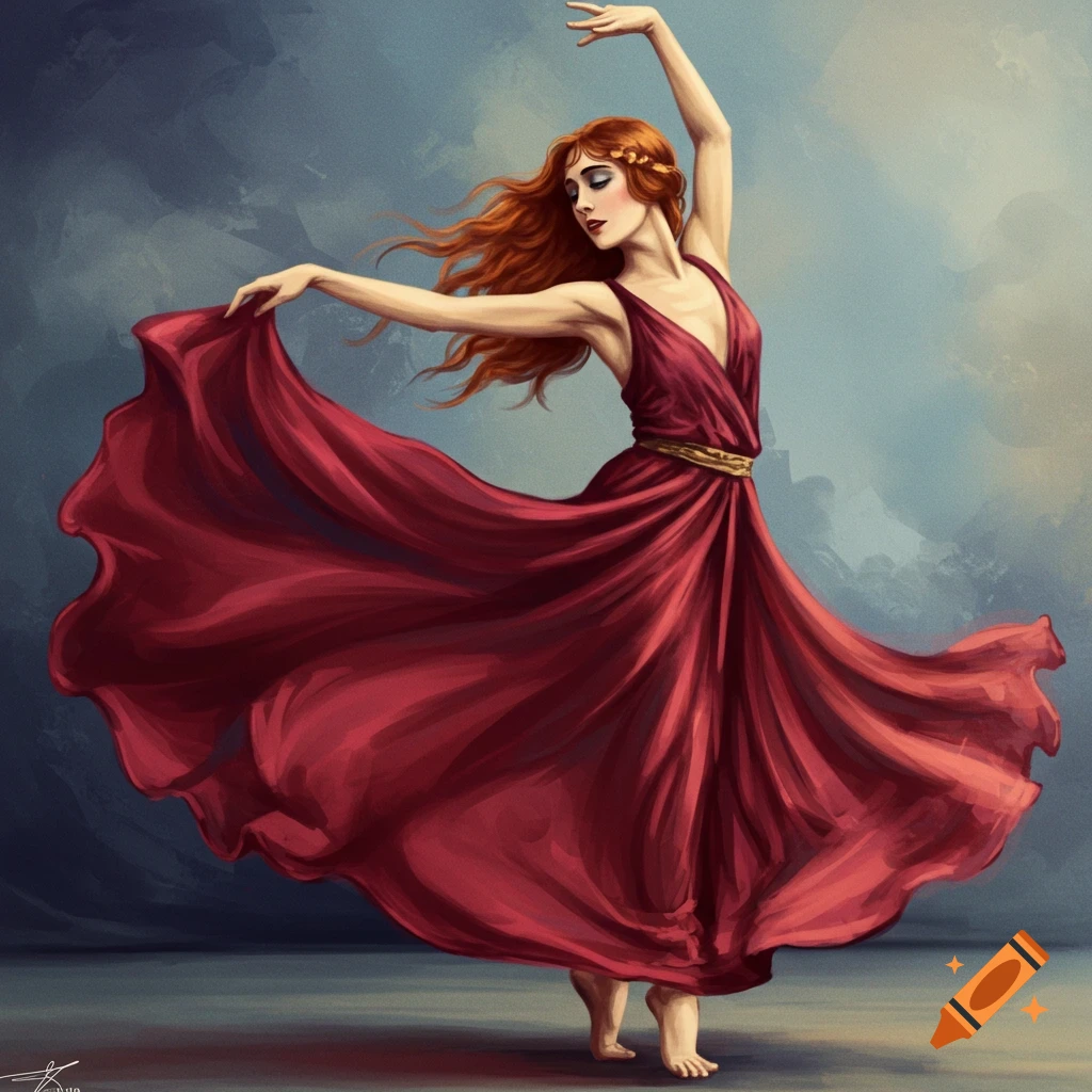 A red-haired woman in a flowing red dress dances against a painterly blue-grey background.