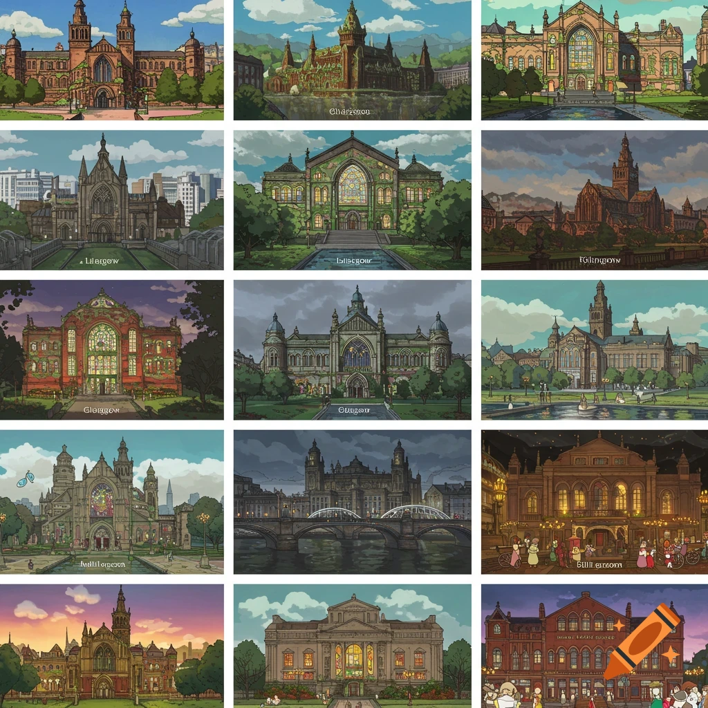 A grid of 12 illustrations of various buildings and cityscapes in Studio Ghibli animation style.
