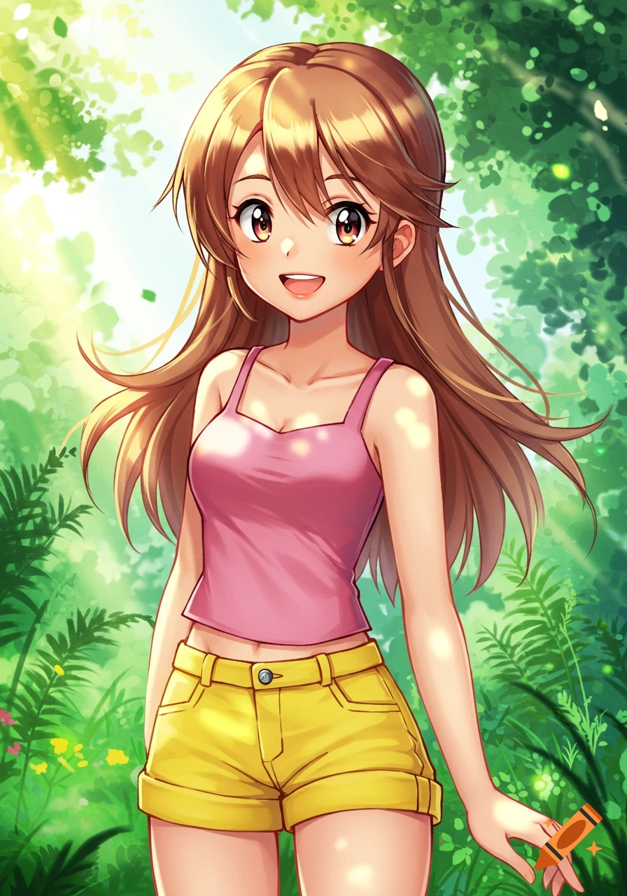 Smiling anime girl with long brown hair wearing a pink tank top and yellow shorts in a sunny forest.