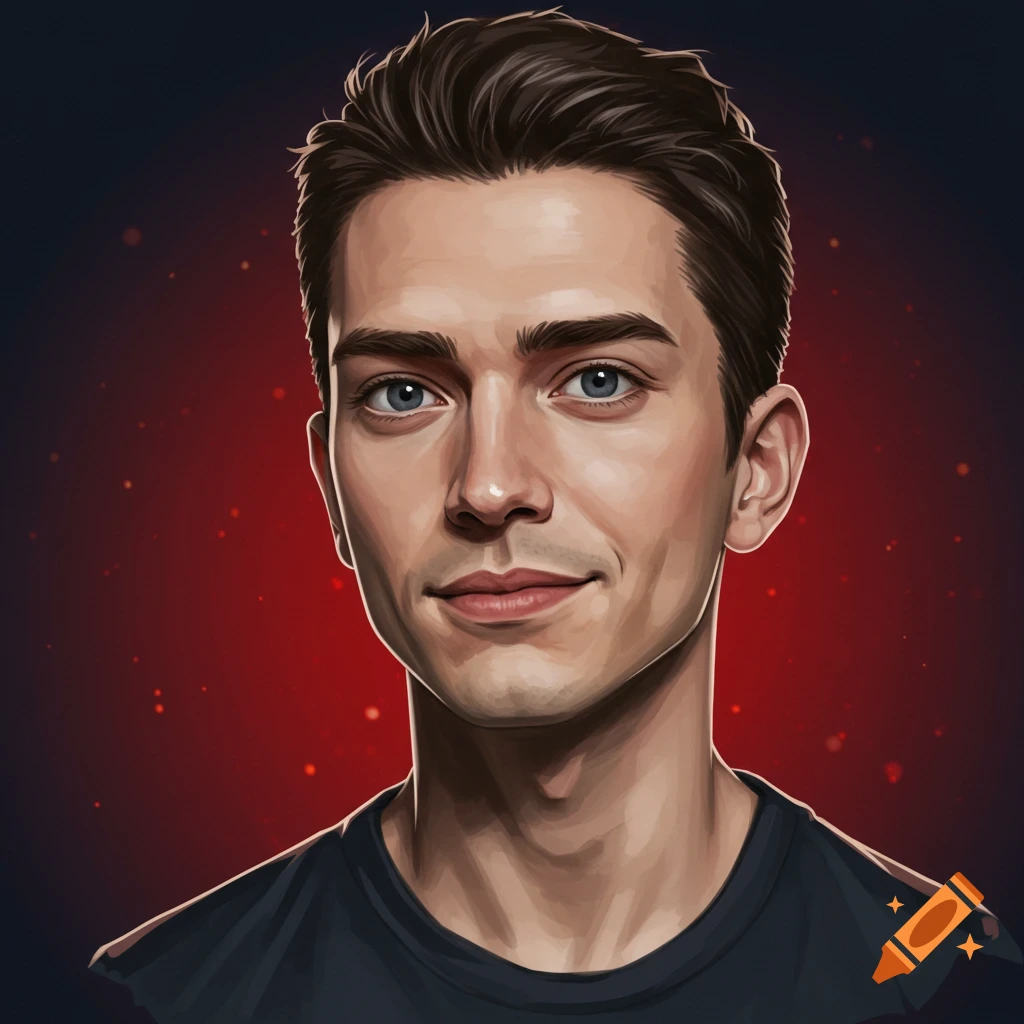 A digital art portrait of a young man with dark hair and blue eyes, against a red and black background.