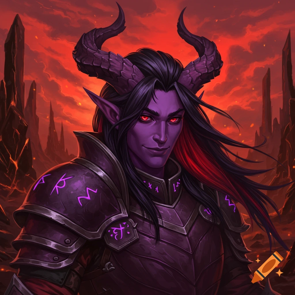 A close-up of a dark fantasy character with purple skin, long black hair, and red eyes, wearing elaborate armor with glowing runes, set against a fiery red sky.