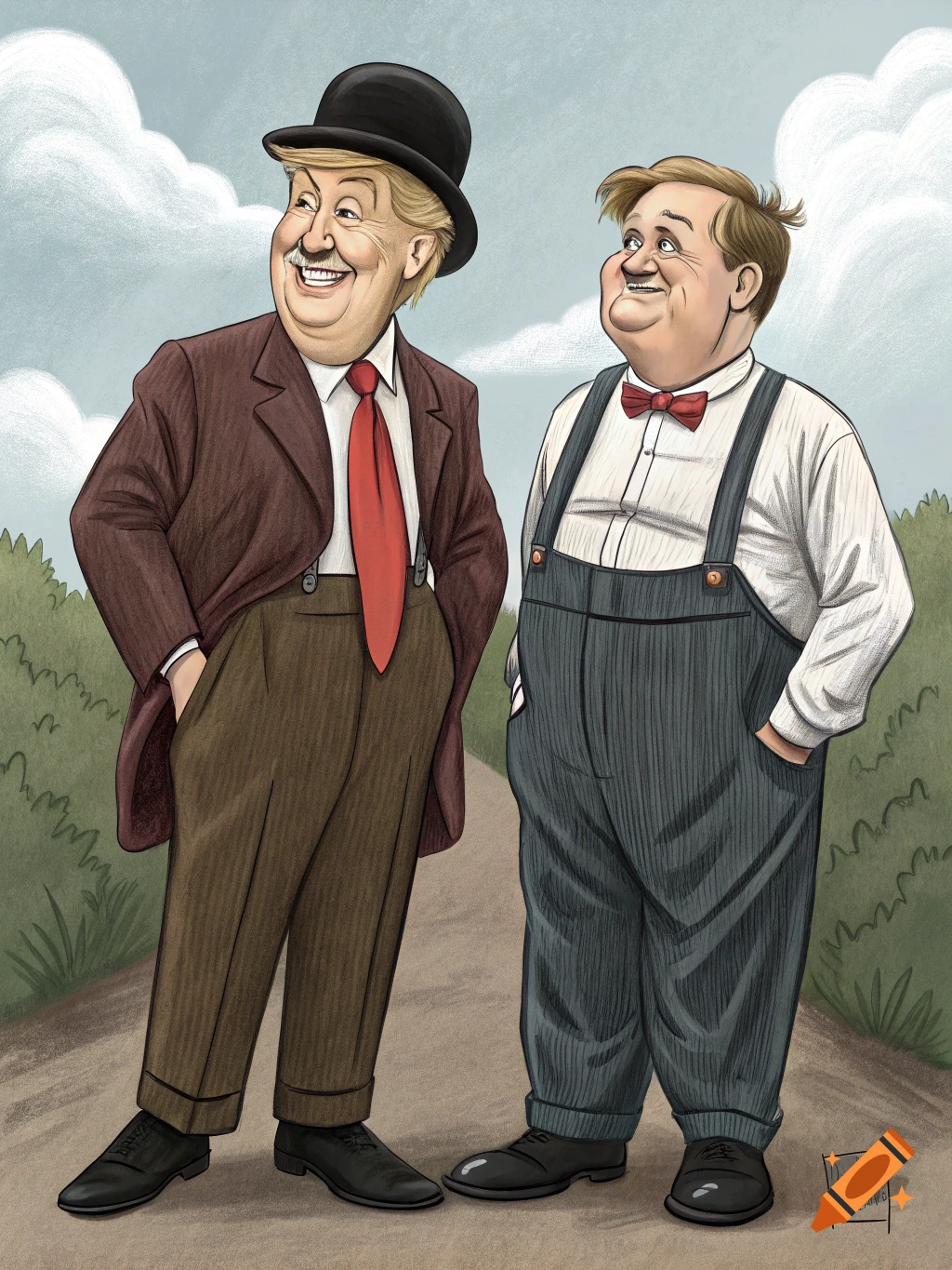 Cartoon caricature of two men, one resembling Donald Trump in a bowler hat, red tie, and suit, standing with another man in overalls and a bow tie, on a dirt path with a cloudy sky background.
