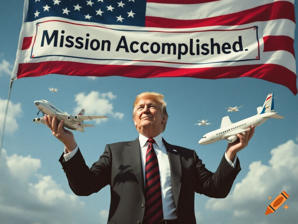 Donald Trump holds two toy airplanes aloft under a large American flag banner reading 'Mission Accomplished'.