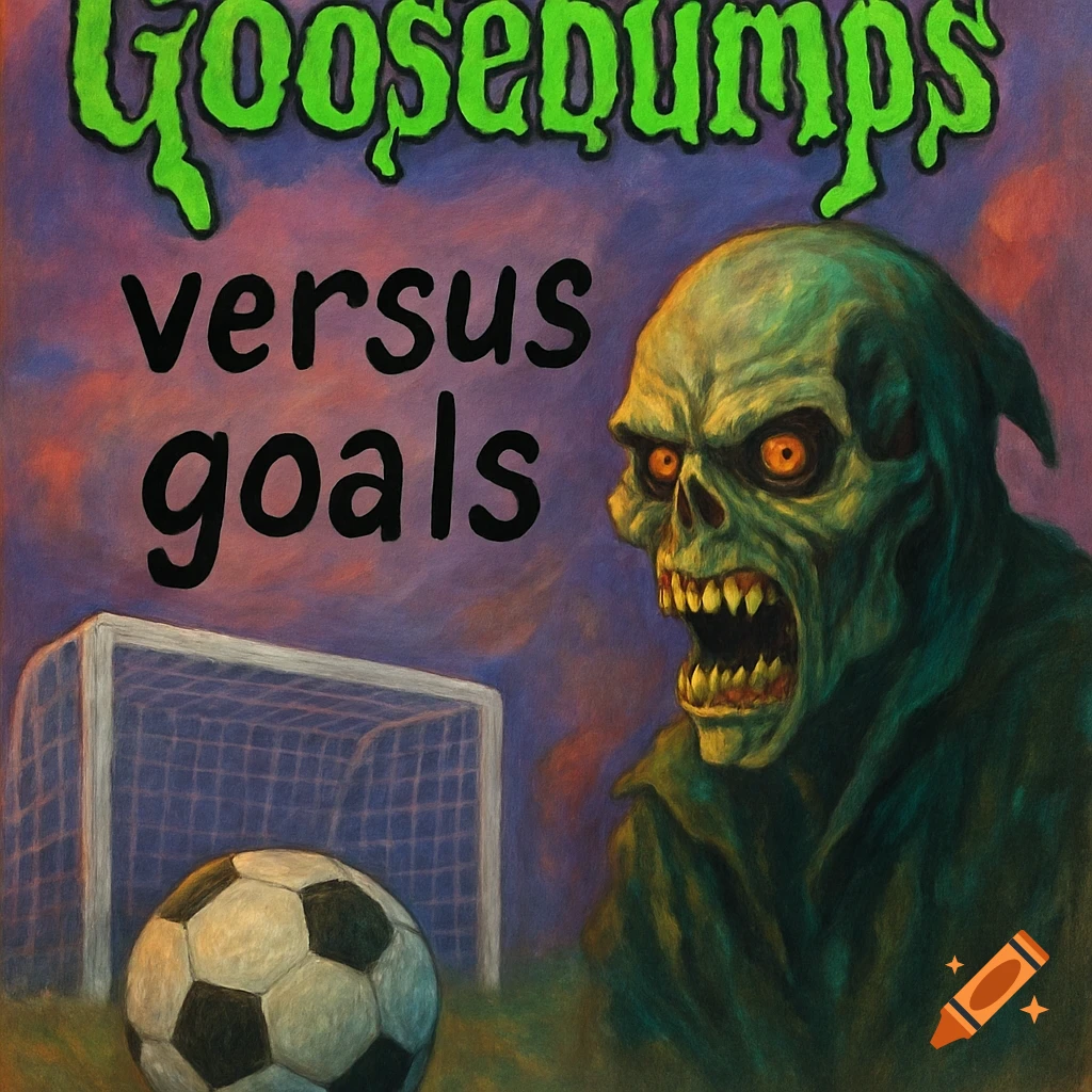 A green zombie-like creature and a soccer ball with a goal, under the title 'Goosebumps versus goals' in the style of a horror book cover.