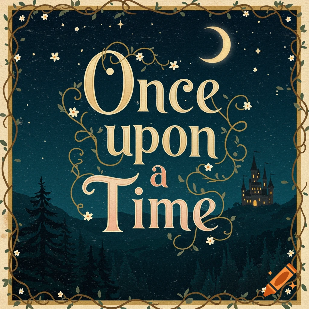 An illustration of 'Once upon a Time' in a night sky with moon, stars, a castle, and forest, framed by vines.