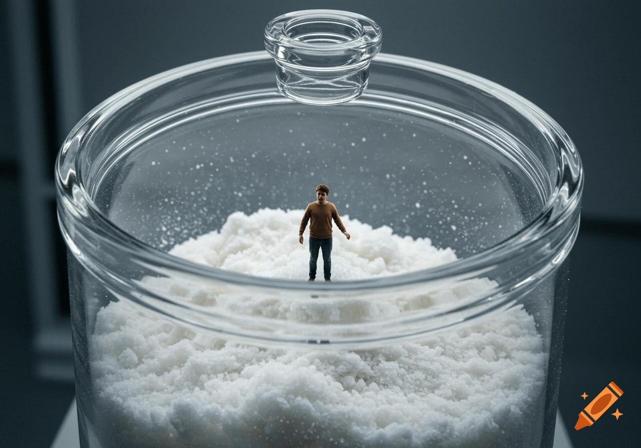 A tiny person stands on white granular material inside a clear glass jar.