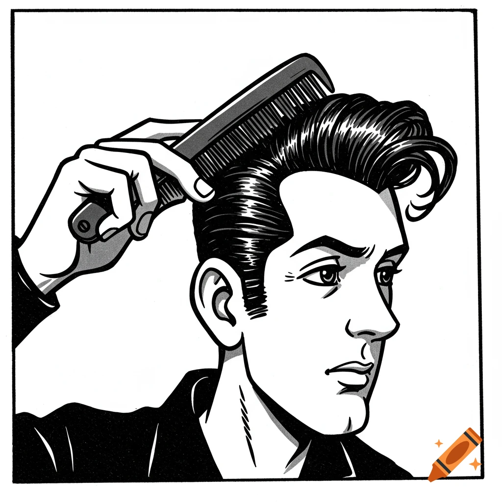 Black and white comic-style illustration of a 1950s greaser combing his hair into a quiff.