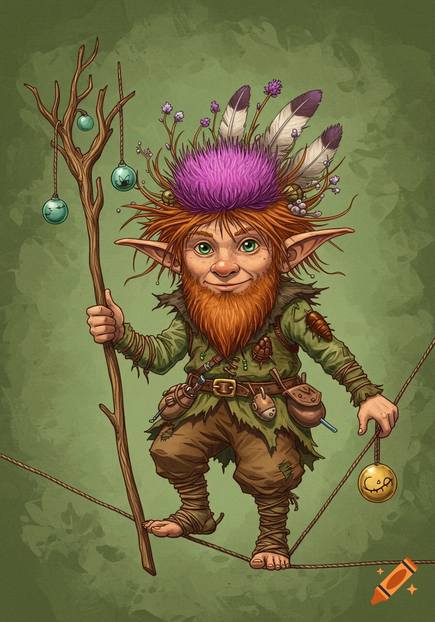 A small, bearded gnome with tangled red hair and a thistle hat balances on a tightrope while holding a gnarled wooden staff.