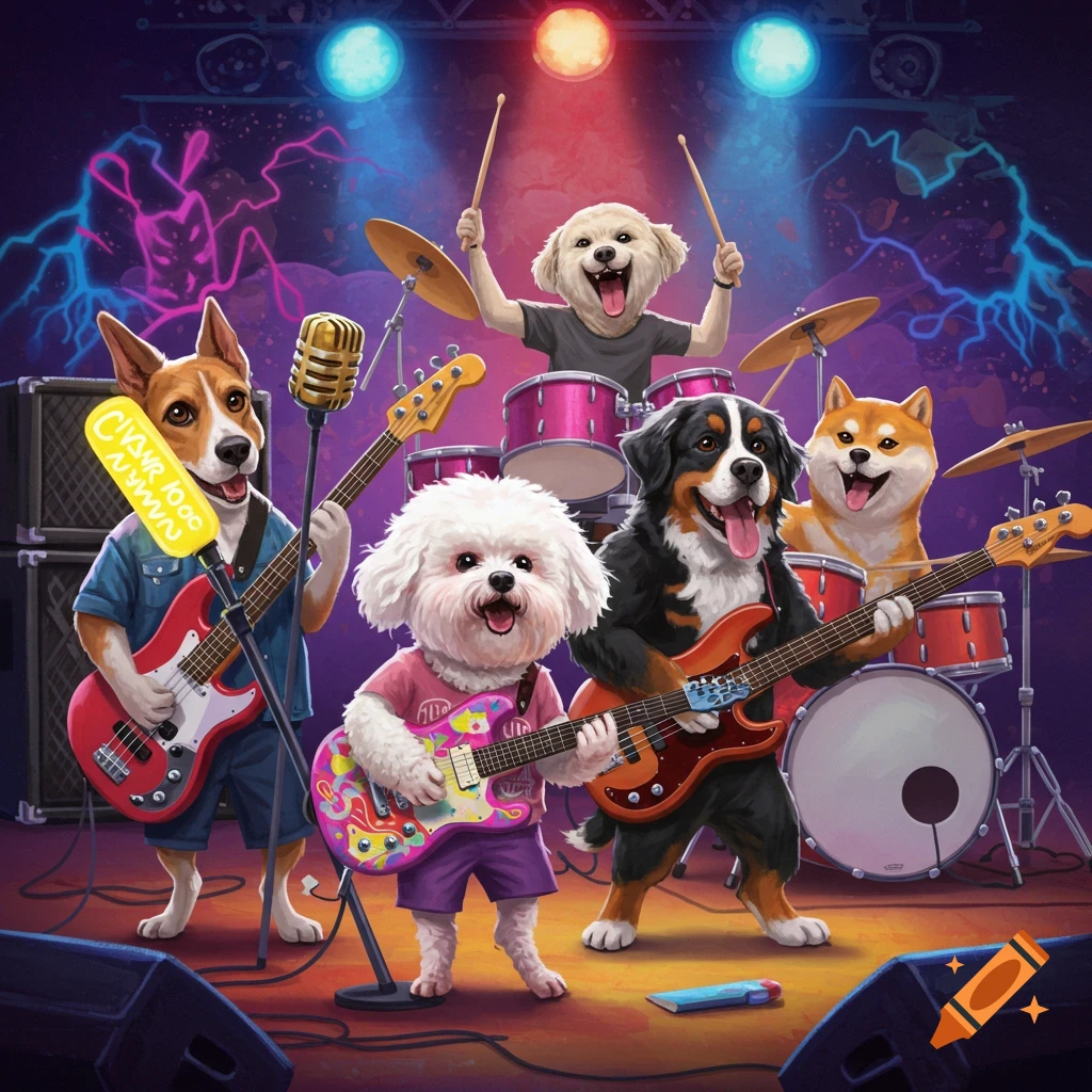 A lively band of various dog breeds (golden retriever, beagle, bichon frise, Bernese Mountain dog, Shiba Inu) performs on a stage with vibrant lighting.