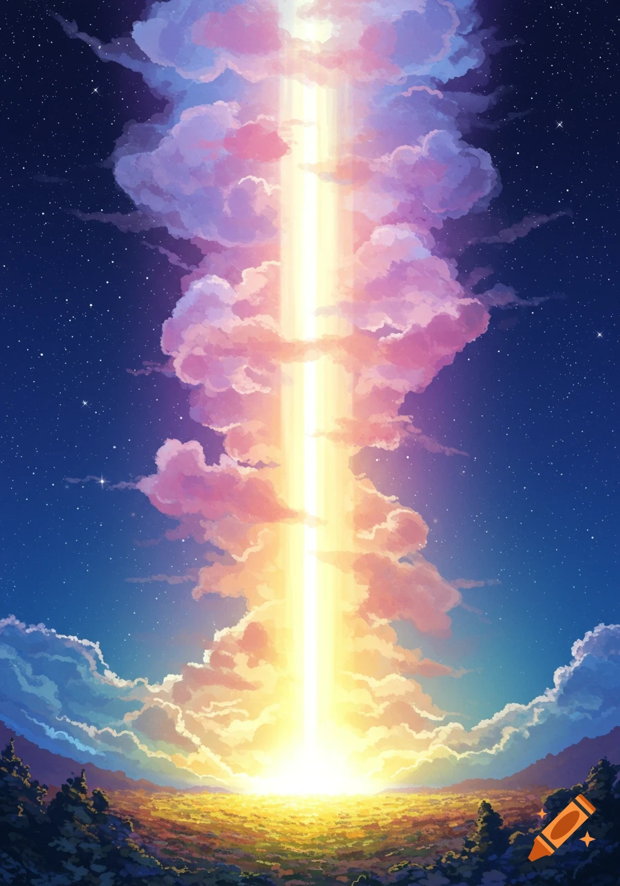 A vibrant light column rises from a glowing landscape into a star-filled sky with colorful pink and purple clouds. Anime art style.
