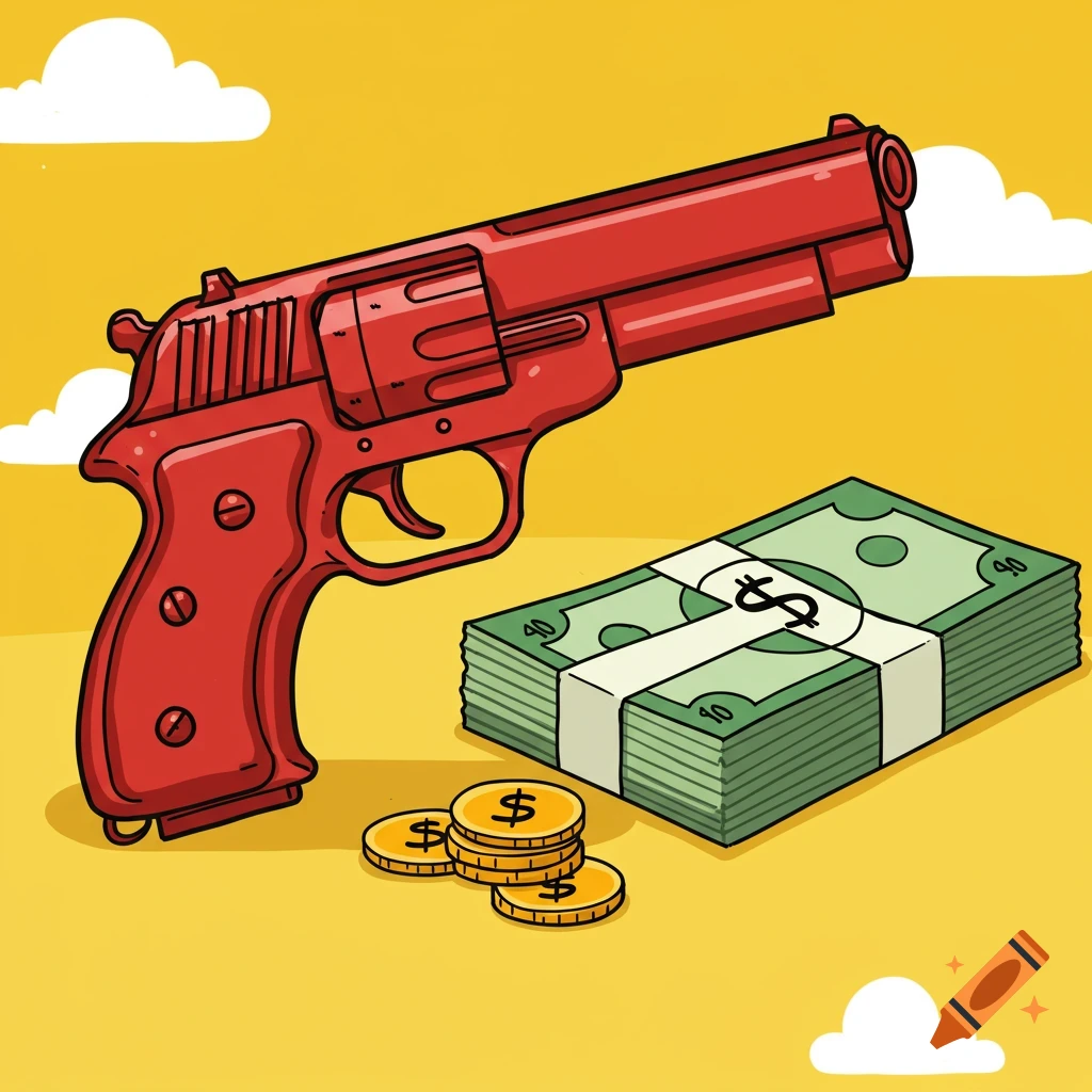 A red cartoon handgun lies next to a stack of green bills with a dollar sign and three gold coins on a yellow background with clouds.