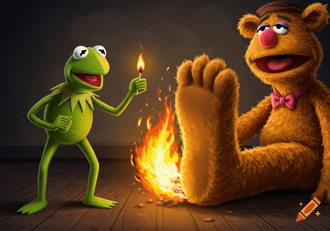 Kermit the Frog holds a lit match to Fozzie Bear's flaming foot in a cartoon style.