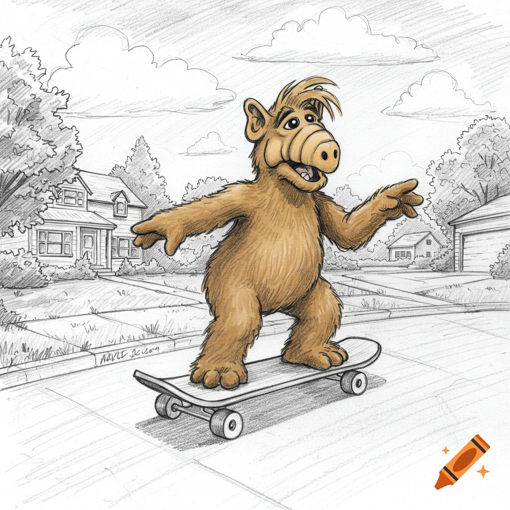 ALF, the brown furry alien, happily rides a skateboard down a suburban street in a detailed pencil drawing.