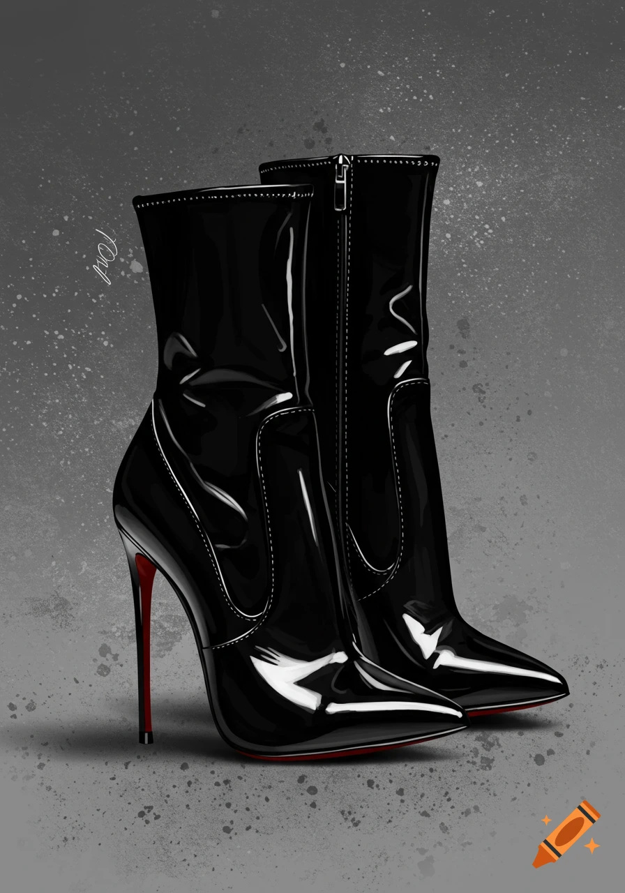 Two glossy black patent leather stiletto boots with red soles stand on a speckled gray background.