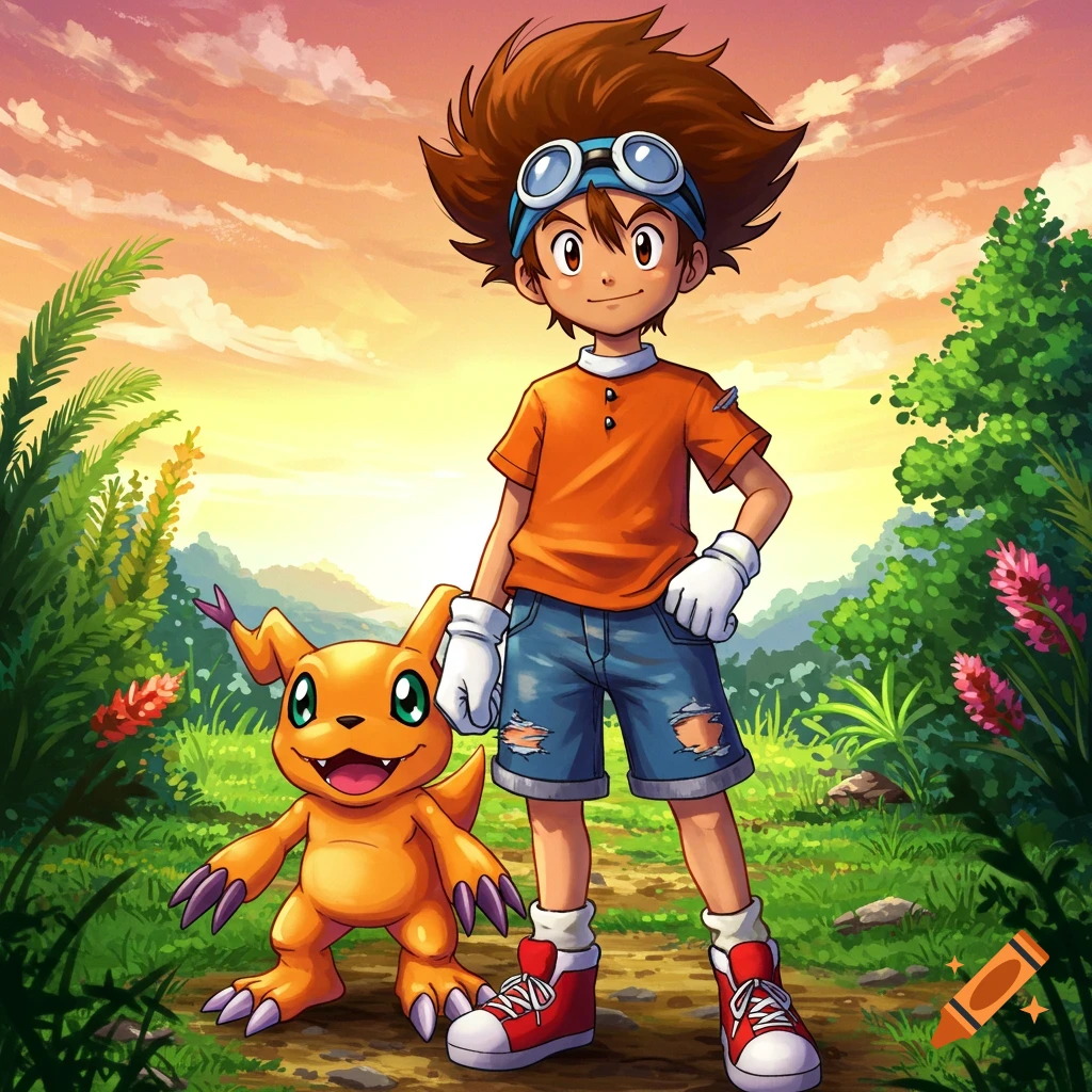 Anime boy Tai and orange monster Agumon stand on a path in a lush landscape under a sunset sky.