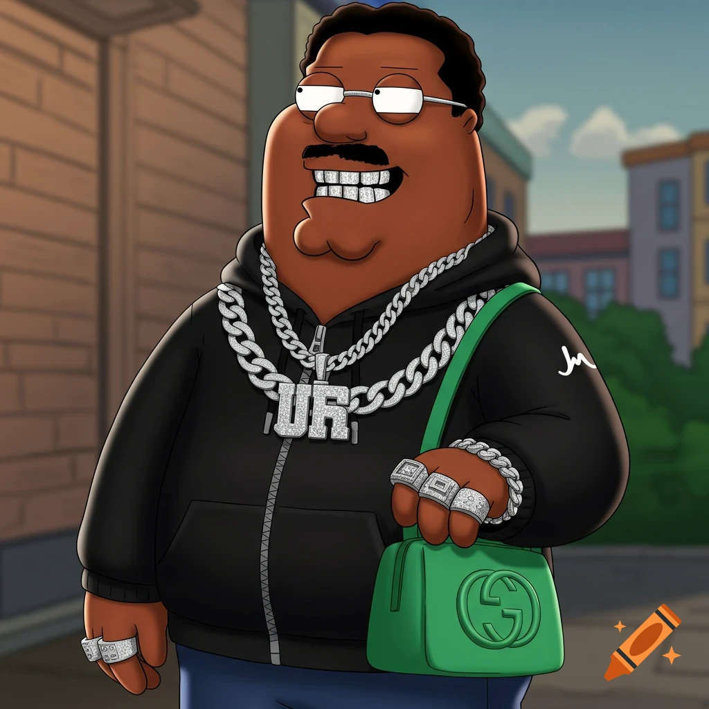 Cleveland Brown from Family Guy wearing a black hoodie, diamond chains, grills, rings, and holding a green Gucci bag in a cartoon style.