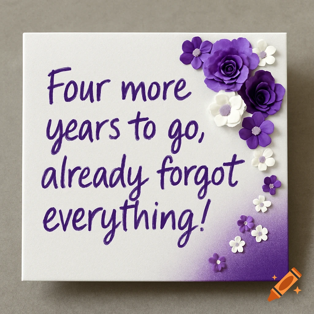 A white canvas with purple text 'Four more years to go, already forgot everything!' and purple and white paper flowers.