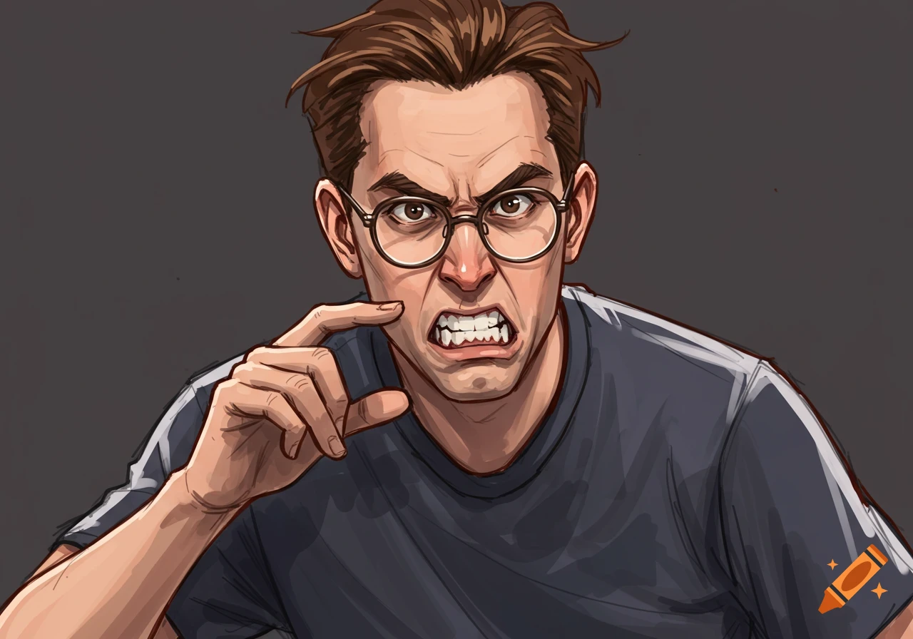 A cartoon illustration of an angry man with glasses, scowling and clenching his teeth, with one hand near his mouth.