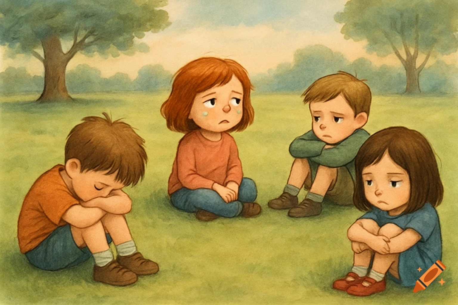Cartoon illustration of four sad children sitting in a grassy park, two with heads down and one crying.