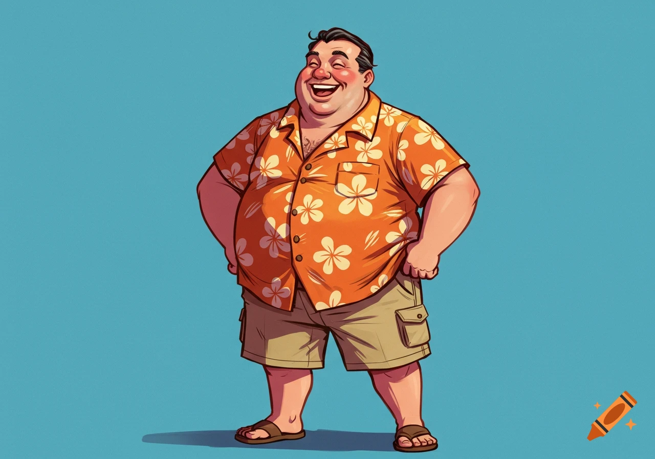 A cheerfully smiling, portly man wearing an orange floral Hawaiian shirt, khaki shorts, and sandals, standing against a blue background in a cartoon style.