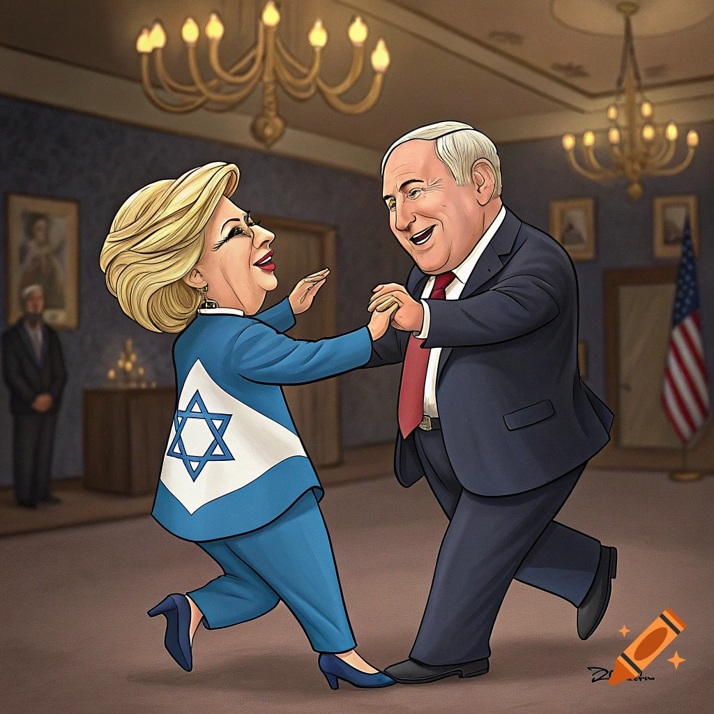A cartoon caricature of Hillary Clinton and Benjamin Netanyahu dancing. Hillary wears a blue suit with a white triangle and Star of David on the back, and Netanyahu wears a dark suit and red tie. An American flag is in the background.