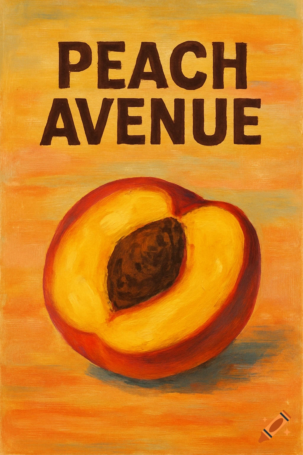 A stylized illustration of a halved peach against an orange background, with the words 'PEACH AVENUE' above it in a vintage album cover style.