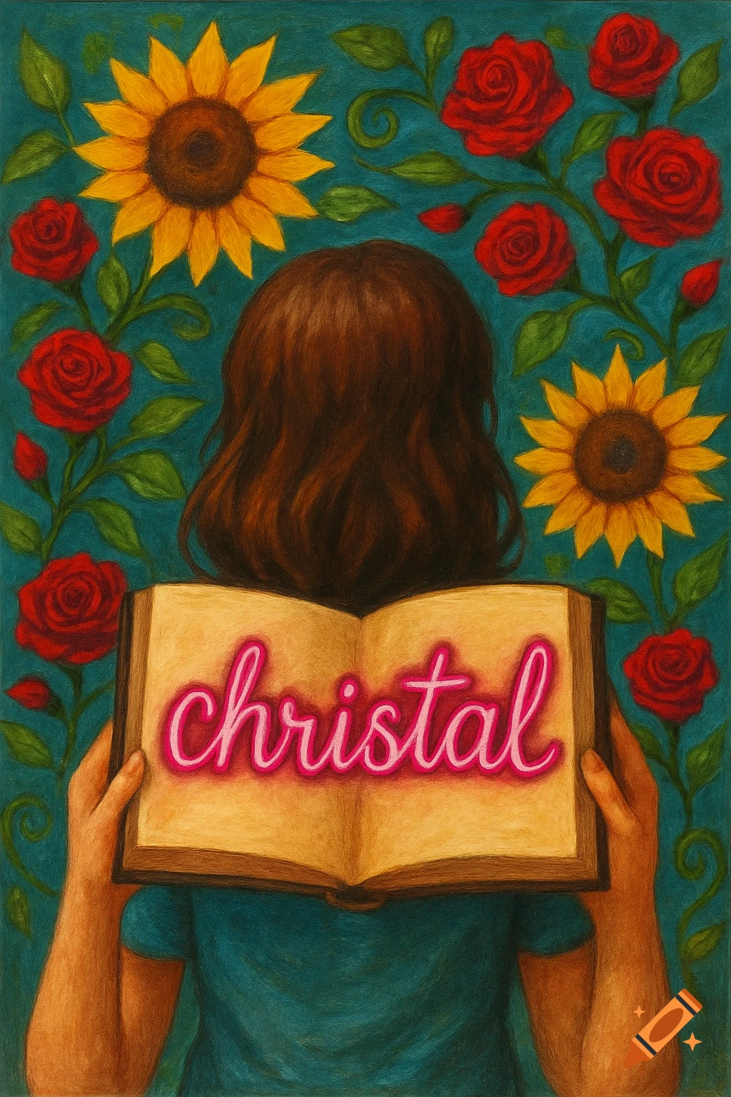 A painterly illustration from behind of a person holding an open book with the neon pink word 'christal' on its pages, surrounded by sunflowers and red roses on a teal background.