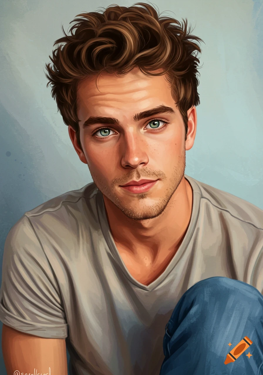 A stylized digital painting of a young man with brown curly hair and bright green eyes, wearing a gray t-shirt and blue jeans.