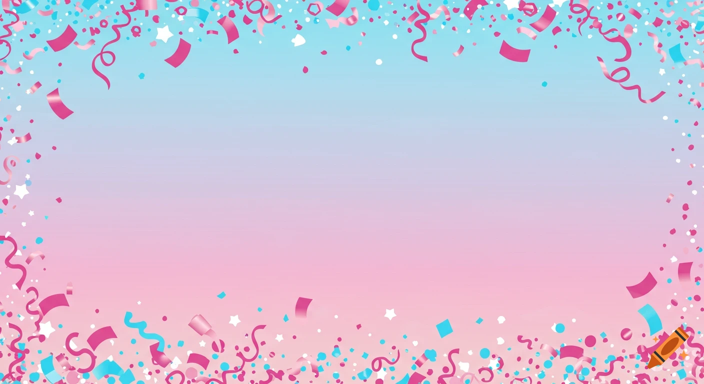 A cartoon background with a light blue to pink gradient, framed by falling pink, blue, and white confetti and ribbons.
