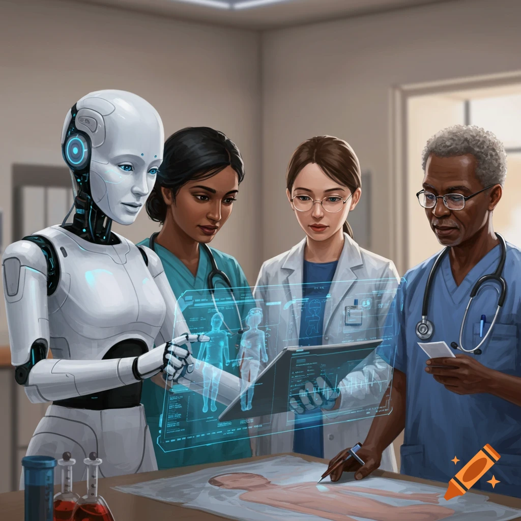 A robot and three medical professionals examine holographic medical data in a futuristic healthcare setting.