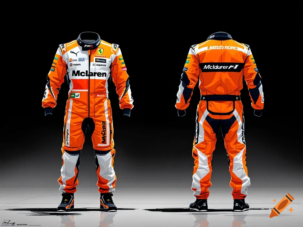 Front and back views of an orange, white, and black McLaren F1 racing suit, featuring team logos and branding.