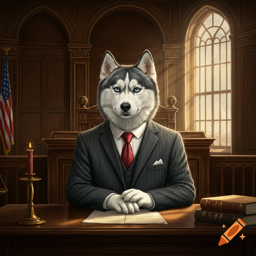 A photorealistic anthropomorphic Siberian husky in a pinstripe suit and red tie sits at a courtroom judge's bench.