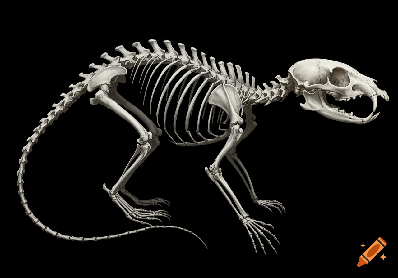 A highly detailed illustration of a possum skeleton, shown in profile against a black background.