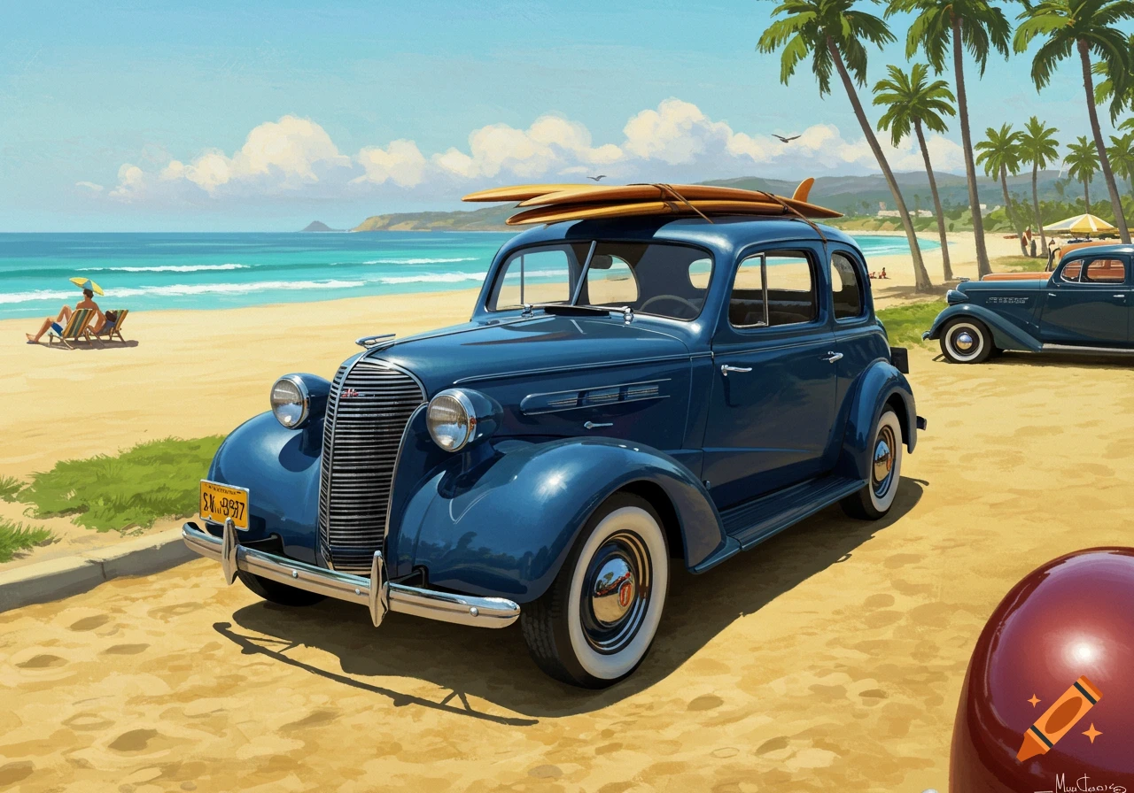 Blue vintage car with surfboards on a sunny beach, with palm trees and ocean in the background, in a painting style.