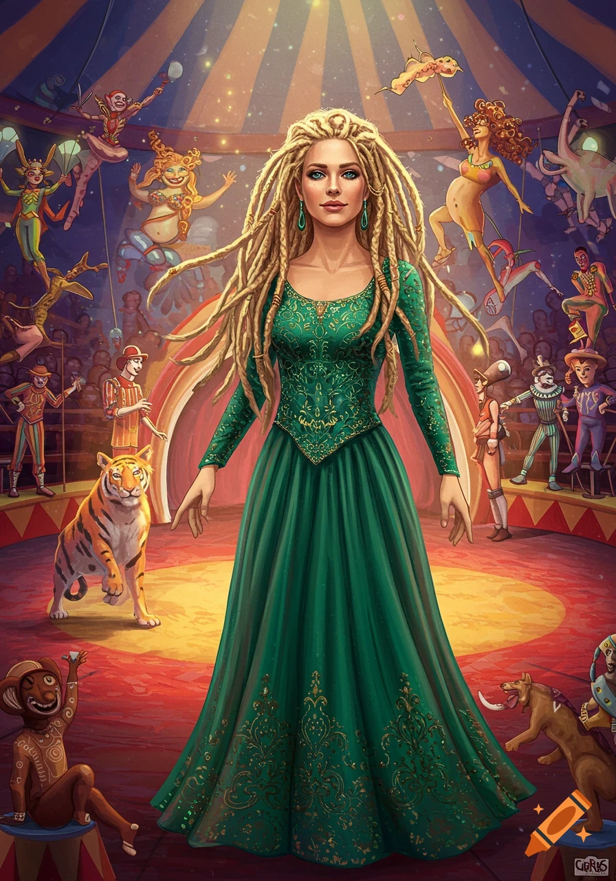 A woman with blonde dreadlocks in a green dress stands in a colorful circus tent with performers, a tiger, and an audience.
