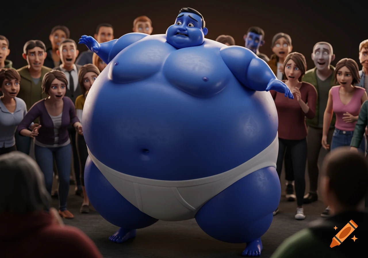 A large, blue-skinned man in white underwear inflates like a blueberry, looking nervous, surrounded by a surprised crowd in a 3D animated style.