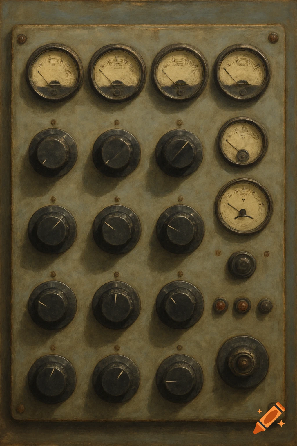 A vintage-style control panel with multiple round gauges and black knobs set against a distressed metal background.