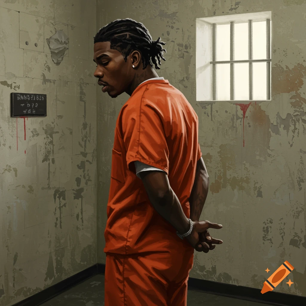 A man with dreadlocks wearing an orange prison jumpsuit stands in a cell with his hands behind his back, looking down, in an illustration style.