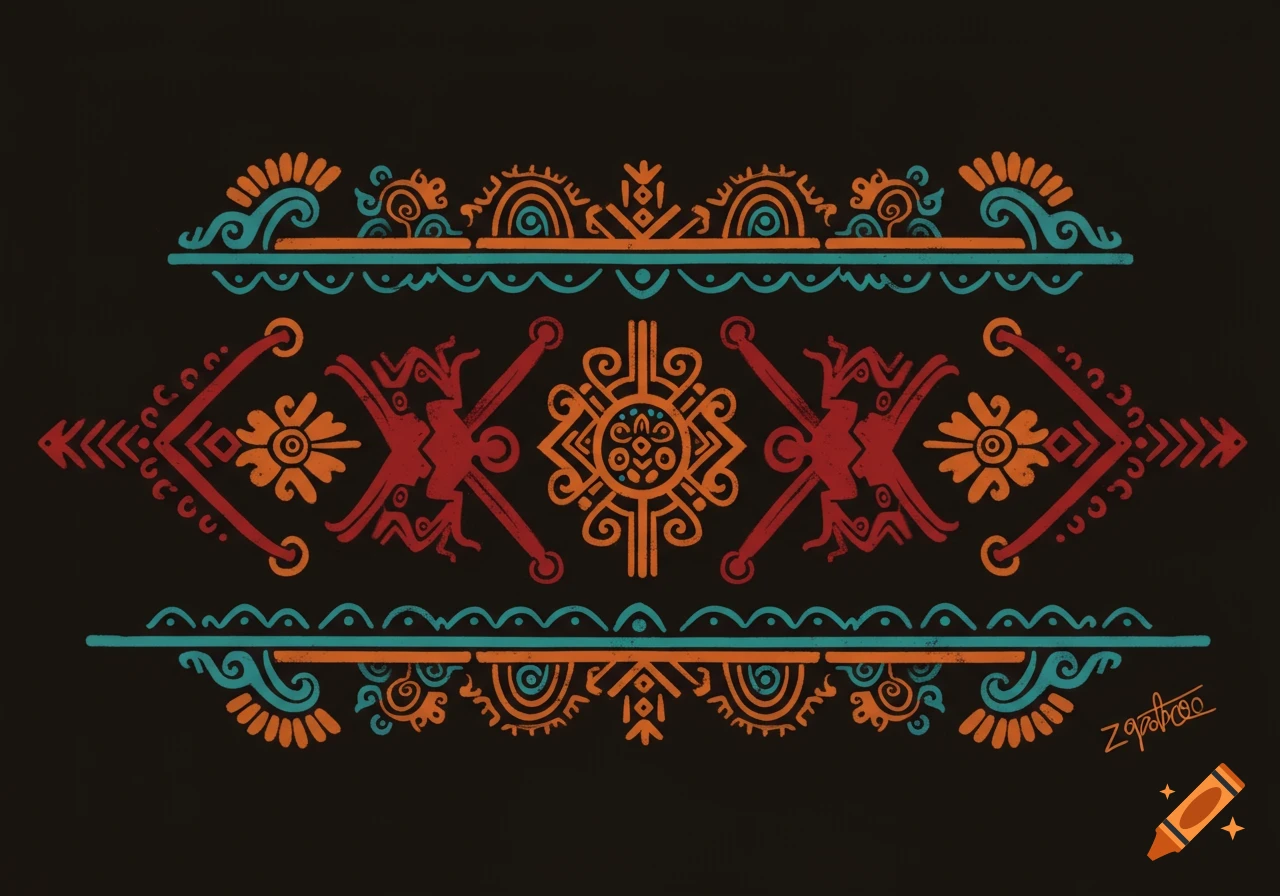 A vibrant Zapotec-style tribal pattern with red, orange, and blue designs on a black background.
