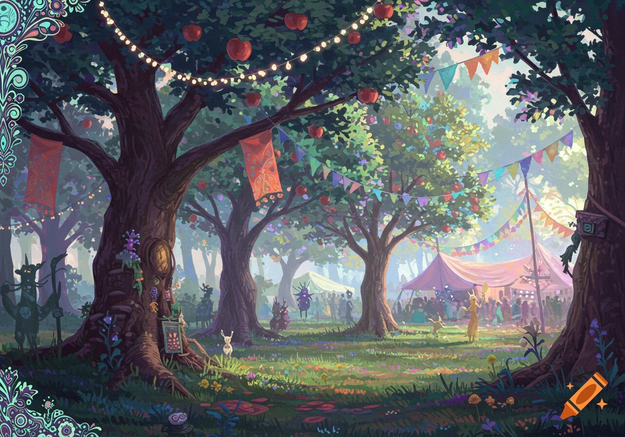 A whimsical psychedelic forest festival with apple trees, string lights, tents, and various fantastical creatures.