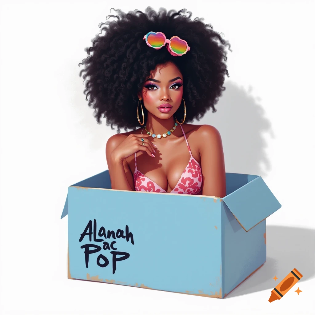 A stylized portrait of a woman with large afro hair, wearing a pink bikini and heart-shaped sunglasses, emerging from a blue box with 'Alanah Pac POP' written on it.