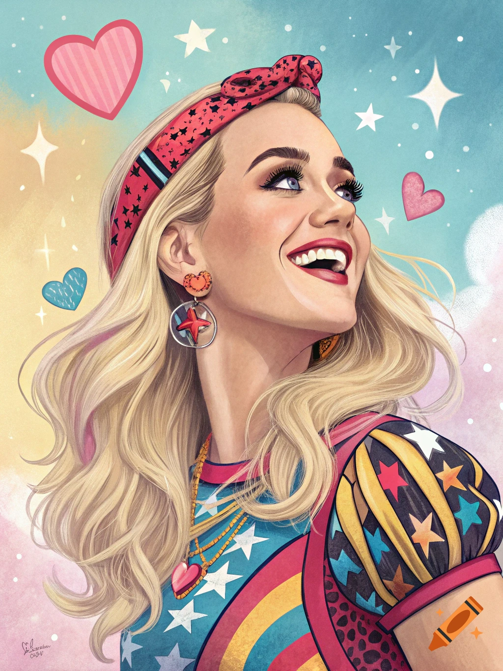 A colorful illustration of Katy Perry smiling and looking up, wearing a vibrant outfit with stars and stripes, surrounded by hearts and stars.