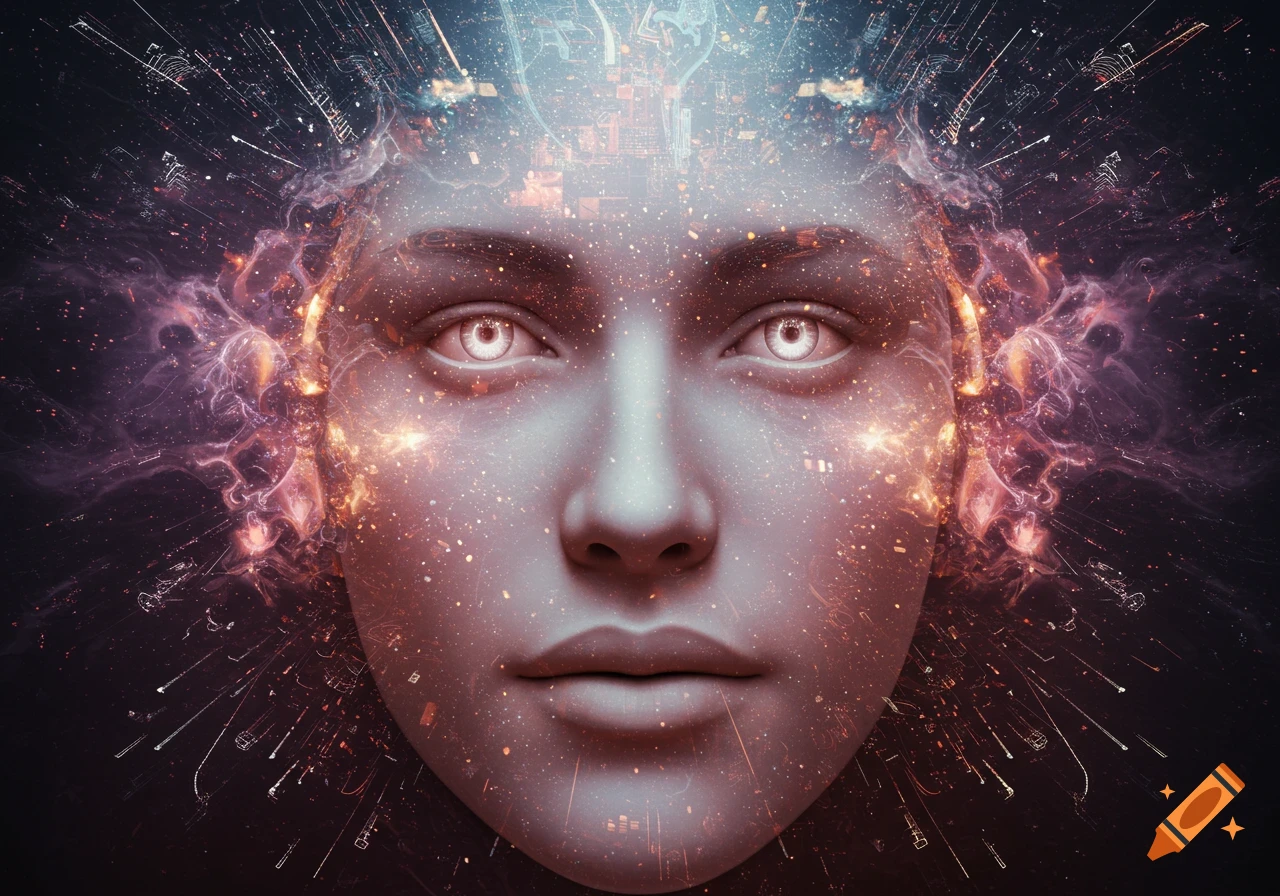 A futuristic digital art rendering of a luminous, ethereal human face made of light particles and data streams.