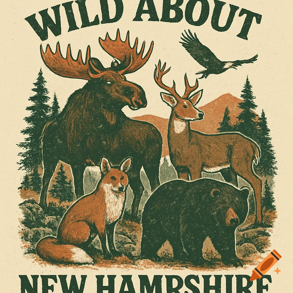 Vintage illustration of a moose, deer, fox, bear, and eagle with pine trees and mountains. Text: Wild About New Hampshire.