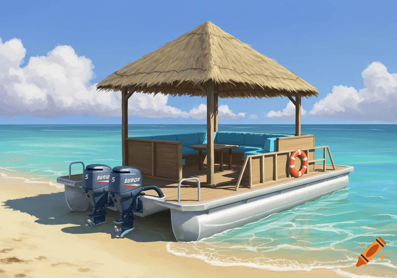 A pontoon boat with a thatched gazebo and two outboard motors sits partially on a sandy beach next to clear blue ocean water under a sunny sky.