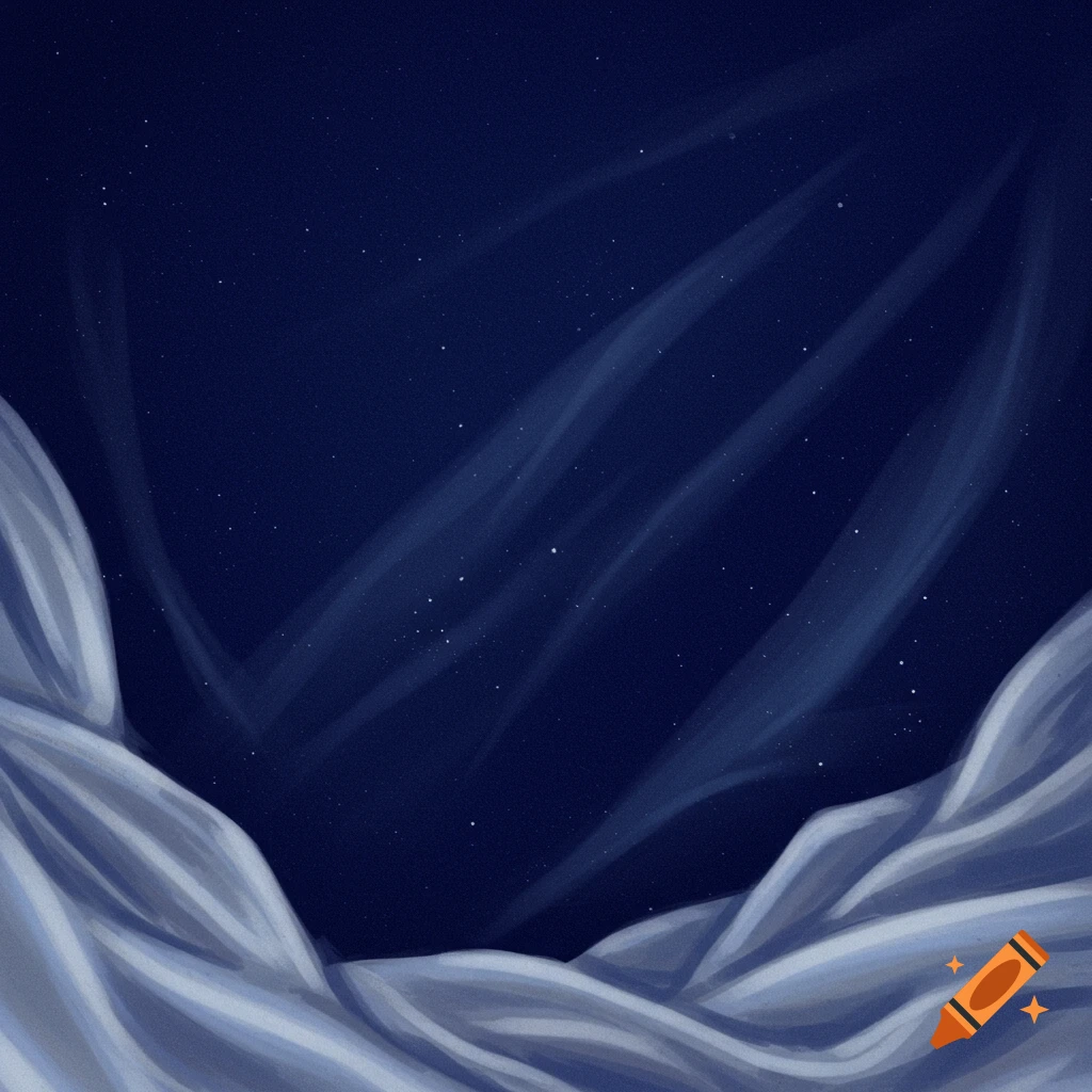 A painterly midnight blue sky filled with stars and wispy light, with light blue draped fabric or clouds at the bottom and sides.