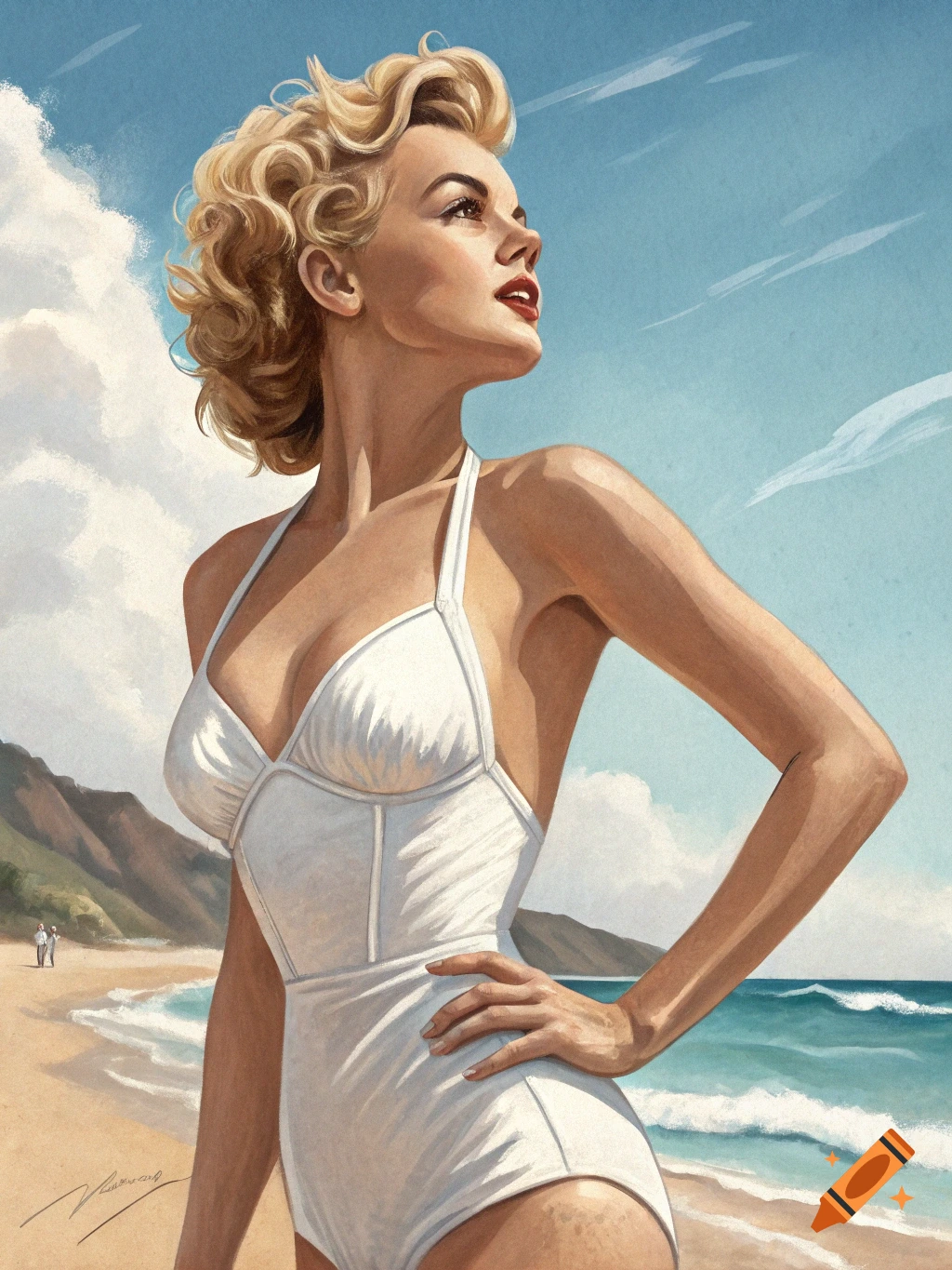 A blonde woman in a white one-piece swimsuit stands on a beach, looking up towards the sky, in a vintage illustration style.
